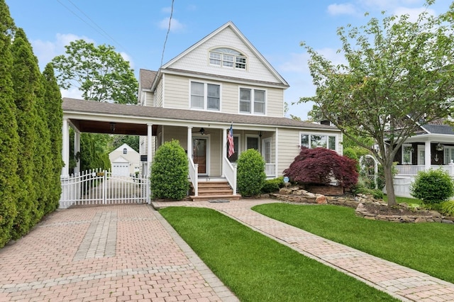 57 Maple Ave, Bay Shore, NY 11706 - view of front of property with covered porch, decorative driveway, a gate, ceiling fan, and a shingled roof