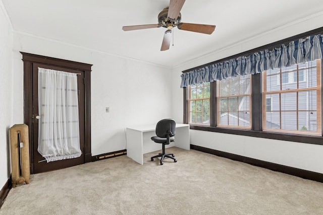 57 Maple Ave, Bay Shore, NY 11706 - office area featuring carpet floors, ceiling fan, ornamental molding, and baseboards