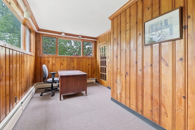 57 Maple Ave, Bay Shore, NY 11706 - office space featuring ornamental molding, wood walls, a baseboard radiator, and light colored carpet