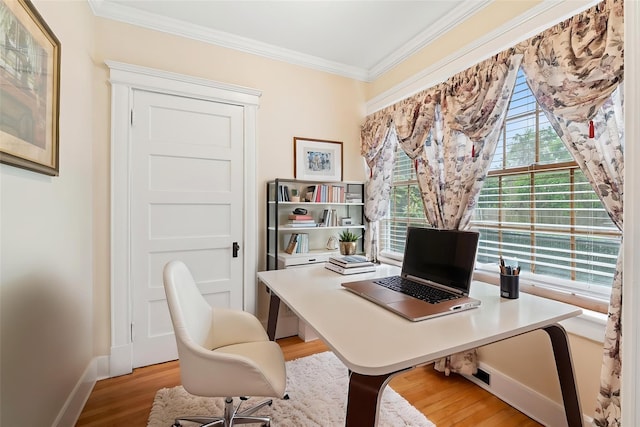 57 Maple Ave, Bay Shore, NY 11706 - home office featuring ornamental molding, light wood-style floors, and baseboards