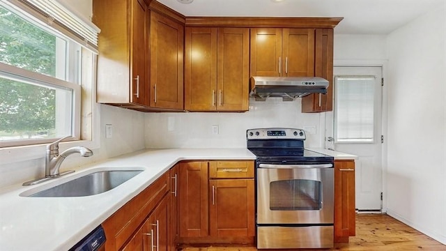 29 Melanie Ln, Syosset, NY 11791 - kitchen with electric stove, range hood, a sink, and plenty of natural light