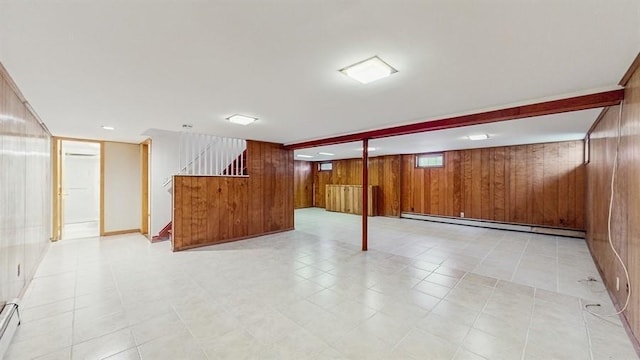 29 Melanie Ln, Syosset, NY 11791 - finished basement featuring a baseboard radiator, wood walls, and stairway