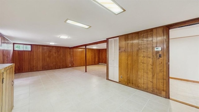 29 Melanie Ln, Syosset, NY 11791 - basement with wood walls, light flooring, and a baseboard radiator