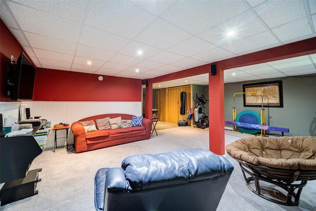 287 Norton Rd, Red Hook, NY 12571 - carpeted living room featuring a paneled ceiling, recessed lighting, and a wainscoted wall