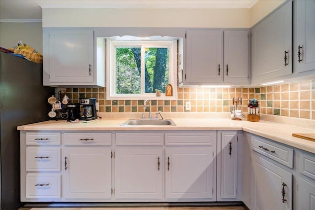 287 Norton Rd, Red Hook, NY 12571 - kitchen with a sink, crown molding, light countertops, freestanding refrigerator, and tasteful backsplash
