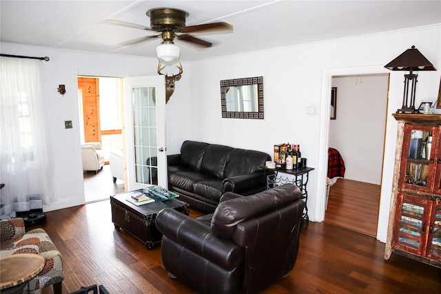 240 Cooks Brook Rd, Roscoe, NY 12776 - living area with wood finished floors, ceiling fan, ornamental molding, and french doors