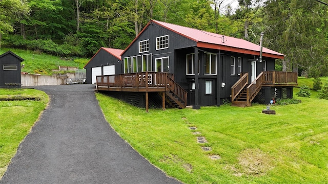 240 Cooks Brook Rd, Roscoe, NY 12776 - rustic home with stairs, a garage, and a wooden deck