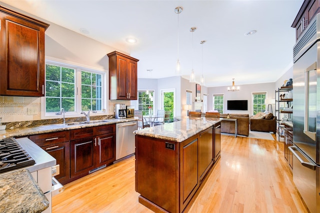 2 Marion Way, Lagrangeville, NY 12540 - kitchen featuring stainless steel appliances, light wood-style floors, a chandelier, a kitchen island, and recessed lighting