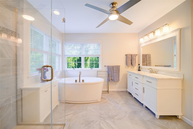 2 Marion Way, Lagrangeville, NY 12540 - bathroom featuring vanity, a stall shower, a soaking tub, and ceiling fan