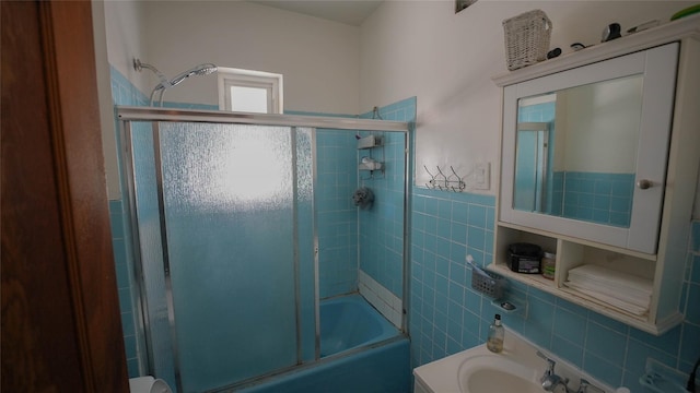 5214 92nd St, Elmhurst, NY 11373 - bathroom with tile walls, enclosed tub / shower combo, vanity, and toilet