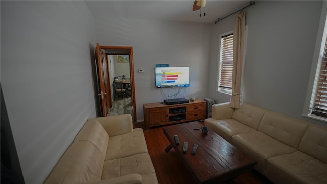5214 92nd St, Elmhurst, NY 11373 - living room featuring radiator heating unit, a ceiling fan, healthy amount of natural light, and wood finished floors