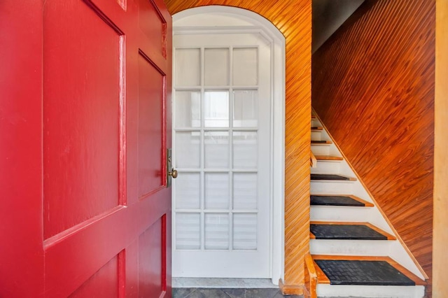 56 Mary St, Valley Stream, NY 11580 - entryway featuring stairs and wooden walls