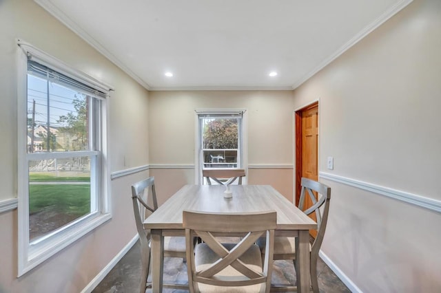 56 Mary St, Valley Stream, NY 11580 - dining area with healthy amount of natural light, baseboards, ornamental molding, and recessed lighting