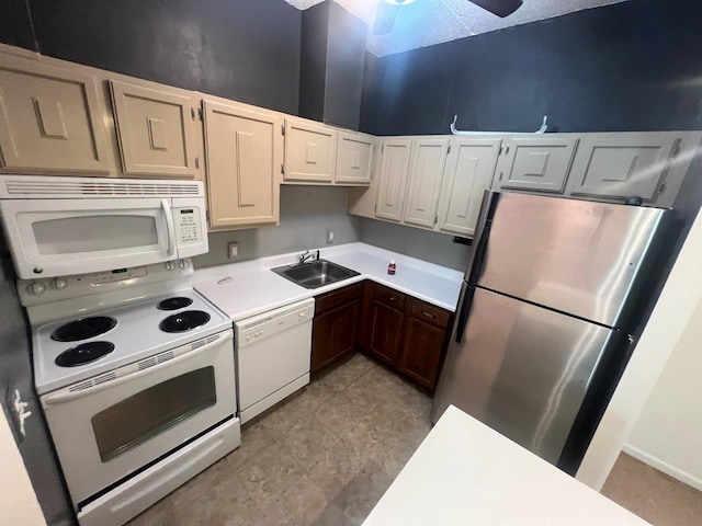 160 Academy St Unit 1F, Poughkeepsie, NY 12601 - kitchen featuring white appliances, a sink, light countertops, ceiling fan, and light tile patterned floors