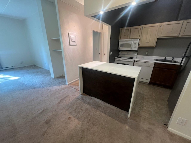 160 Academy St Unit 1F, Poughkeepsie, NY 12601 - kitchen with white appliances, light colored carpet, a sink, light countertops, and a kitchen island
