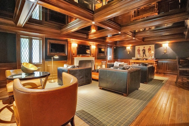 191 Elderfields Rd, Manhasset, NY 11030 - cinema featuring coffered ceiling, beamed ceiling, hardwood / wood-style floors, ornamental molding, and a wainscoted wall