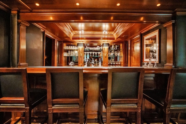 191 Elderfields Rd, Manhasset, NY 11030 - community bar area featuring crown molding, decorative columns, and a raised ceiling