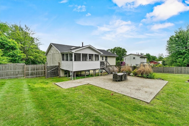 491 Toleman Rd, Rock Tavern, NY 12575 - back of property featuring a sunroom, a patio, and stairway