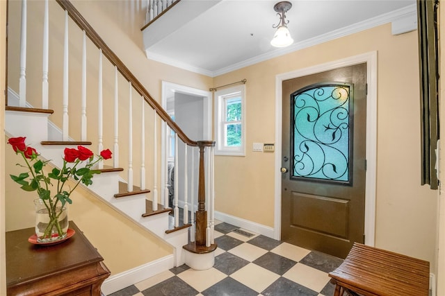 100 Castle Rd, Chappaqua, NY 10514 - entryway featuring stairway, baseboards, tile patterned floors, and ornamental molding