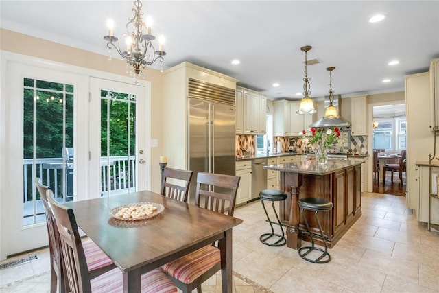 100 Castle Rd, Chappaqua, NY 10514 - dining room featuring recessed lighting, ornamental molding, a chandelier, and light tile patterned flooring