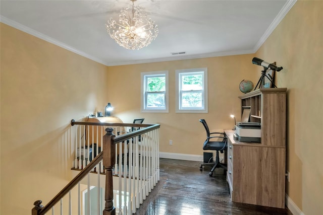 100 Castle Rd, Chappaqua, NY 10514 - office area featuring dark wood finished floors, a chandelier, baseboards, and crown molding