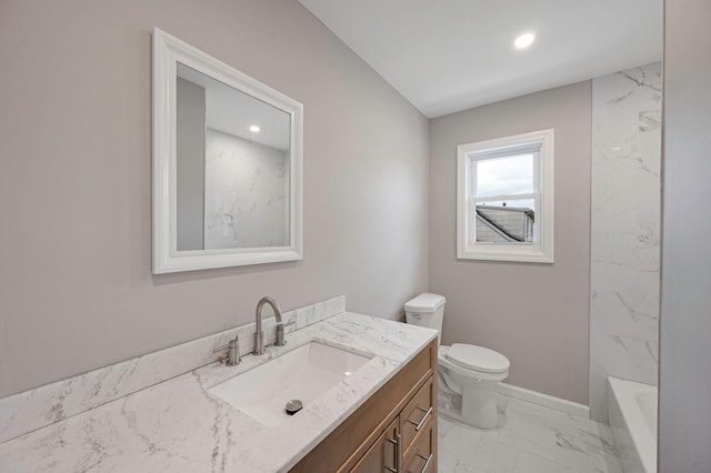 116 Amsterdam Ave, West Babylon, NY 11704 - full bath with marble finish flooring, vanity, toilet, a tub to relax in, and recessed lighting