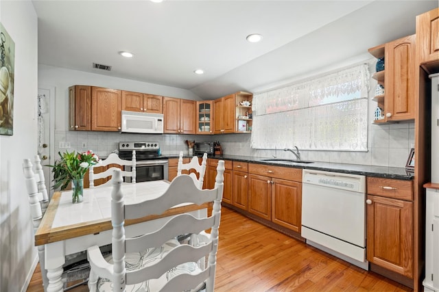 224 Washington Ave, Saint James, NY 11780 - kitchen featuring white appliances, open shelves, a sink, backsplash, and recessed lighting
