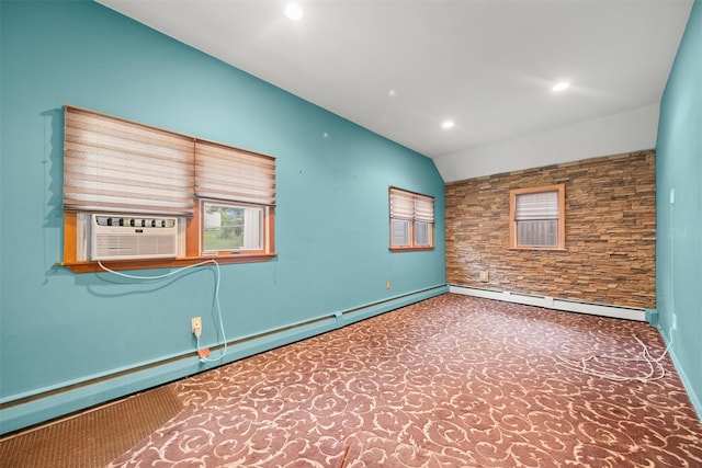 12 Hillside Ter, Amawalk, NY 10501 - empty room featuring cooling unit, carpet flooring, lofted ceiling, recessed lighting, and a baseboard radiator