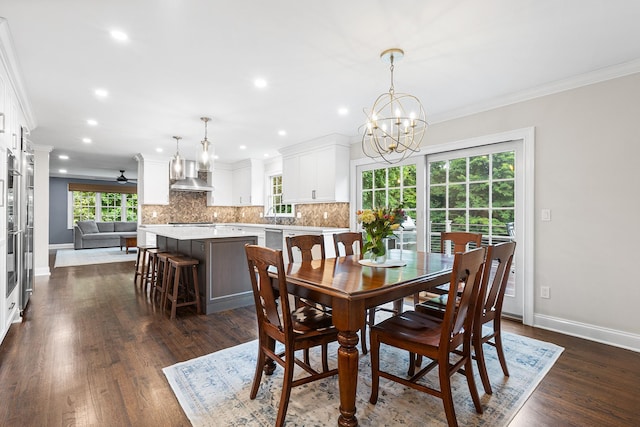 8 Upland Ct, South Salem, NY 10590 - dining area featuring recessed lighting, crown molding, baseboards, dark wood-type flooring, and a chandelier