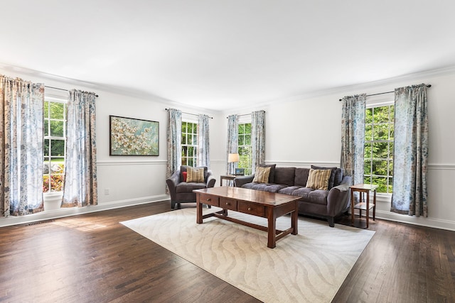 8 Upland Ct, South Salem, NY 10590 - living area with plenty of natural light, dark wood-style flooring, and crown molding