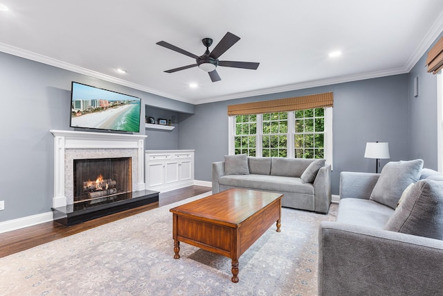 8 Upland Ct, South Salem, NY 10590 - living area featuring ceiling fan, ornamental molding, baseboards, recessed lighting, and a high end fireplace