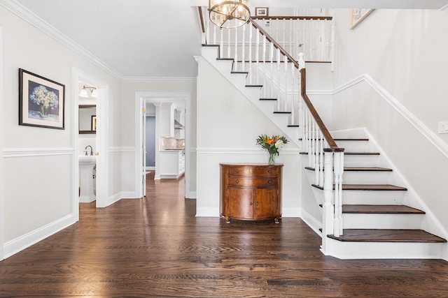8 Upland Ct, South Salem, NY 10590 - stairs featuring wood finished floors, ornamental molding, baseboards, and a chandelier