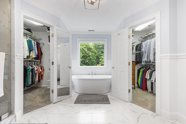 8 Upland Ct, South Salem, NY 10590 - bathroom with a spacious closet, a freestanding bath, crown molding, wainscoting, and a shower stall