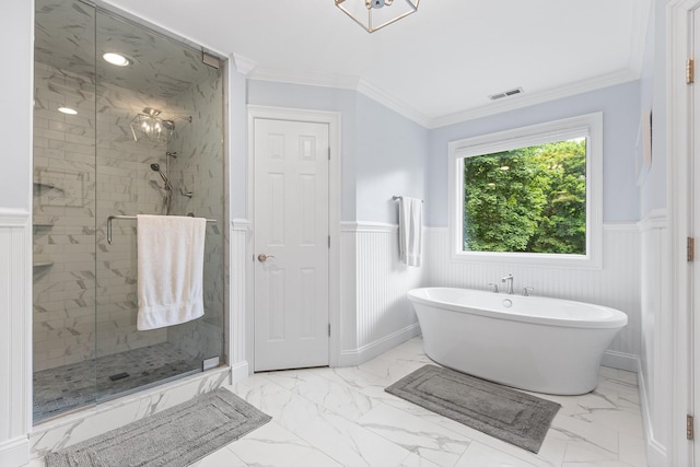 8 Upland Ct, South Salem, NY 10590 - bathroom featuring a wainscoted wall, a freestanding tub, a shower stall, marble finish flooring, and crown molding