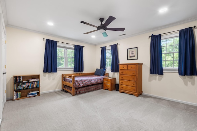 8 Upland Ct, South Salem, NY 10590 - bedroom featuring light colored carpet, ornamental molding, baseboards, recessed lighting, and a ceiling fan