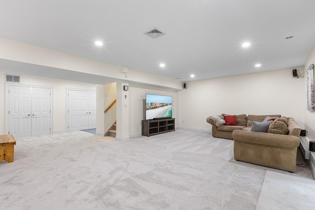 8 Upland Ct, South Salem, NY 10590 - living room featuring light carpet, recessed lighting, baseboards, and stairway
