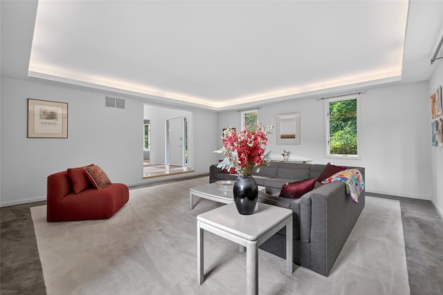 109 Sleight Plass Rd, Poughkeepsie, NY 12603 - carpeted living room featuring a raised ceiling and baseboards