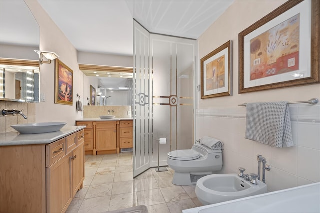 109 Sleight Plass Rd, Poughkeepsie, NY 12603 - full bathroom featuring a bidet, two vanities, a shower stall, and decorative backsplash