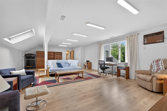 109 Sleight Plass Rd, Poughkeepsie, NY 12603 - living room with a wall mounted air conditioner, a skylight, lofted ceiling, a desk, and light wood-style floors