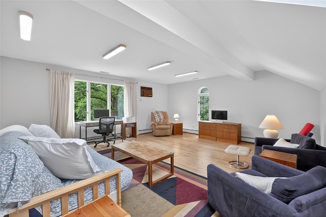 109 Sleight Plass Rd, Poughkeepsie, NY 12603 - living area featuring light wood finished floors, baseboard heating, a desk, and lofted ceiling