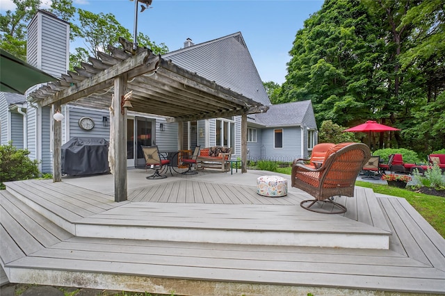 109 Sleight Plass Rd, Poughkeepsie, NY 12603 - wooden terrace featuring a pergola, outdoor dining space, and a grill