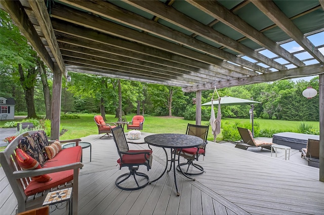 109 Sleight Plass Rd, Poughkeepsie, NY 12603 - deck with a covered hot tub, a pergola, a lawn, and outdoor dining space