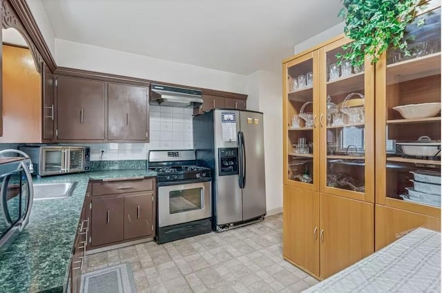 3226 165th St, Flushing, NY 11358 - kitchen featuring stainless steel appliances, under cabinet range hood, backsplash, dark brown cabinetry, and dark countertops