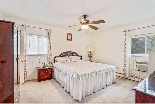 3226 165th St, Flushing, NY 11358 - bedroom featuring light colored carpet, a baseboard heating unit, cooling unit, ceiling fan, and baseboards