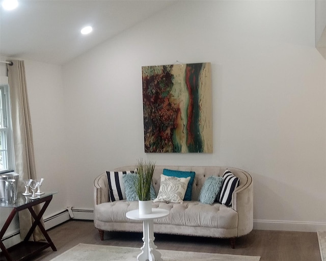 34 Park Ln, Medford, NY 11763 - living area featuring vaulted ceiling, wood finished floors, recessed lighting, and baseboards