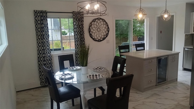 34 Park Ln, Medford, NY 11763 - dining area with light marble finish floors, beverage cooler, and a chandelier