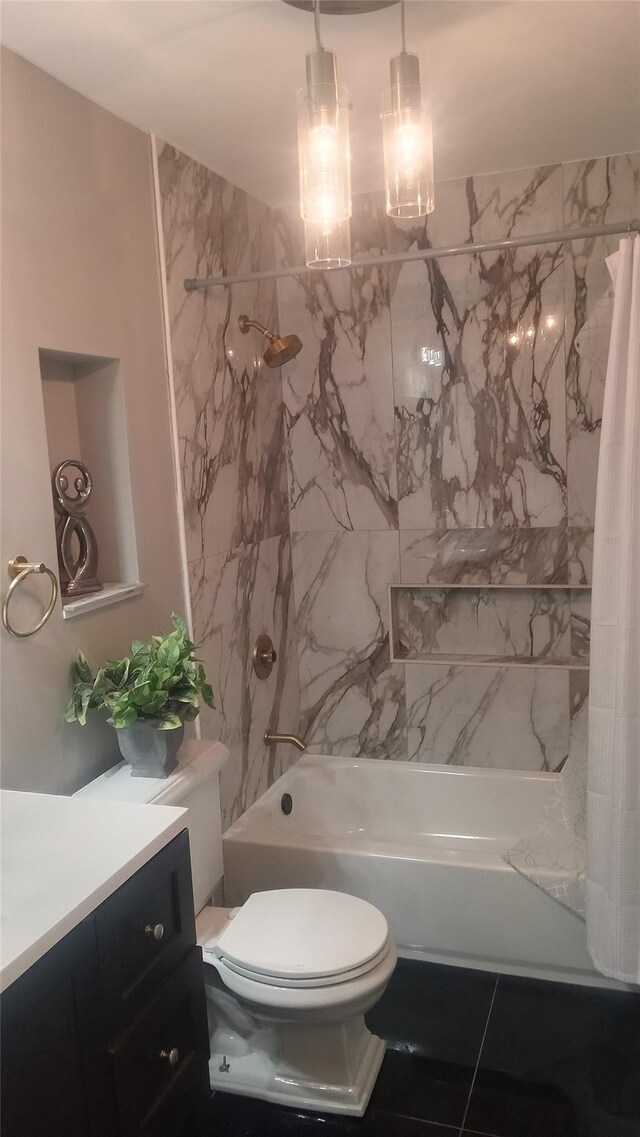 34 Park Ln, Medford, NY 11763 - bathroom featuring vanity, toilet, and shower / bath combination with curtain