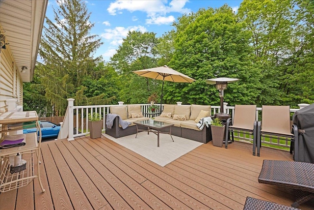 550 Saw Mill River Rd, Millwood, NY 10546 - wooden terrace featuring an outdoor hangout area and view of wooded area