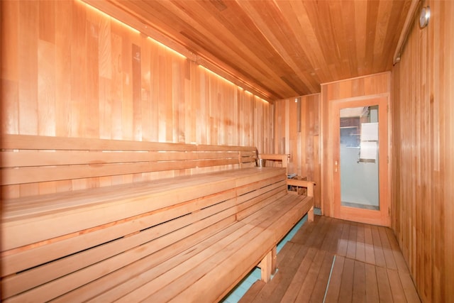 59-30 108th St Unit 6K, Corona, NY 11368 - relaxing sauna featuring wooden ceiling, wooden walls, and hardwood / wood-style flooring