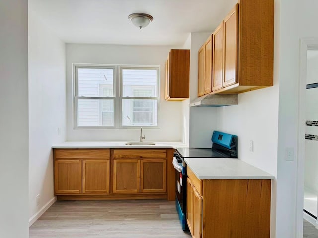 1372 E 94th St, Brooklyn, NY 11236 - kitchen with electric stove, a sink, under cabinet range hood, brown cabinets, and light wood-type flooring